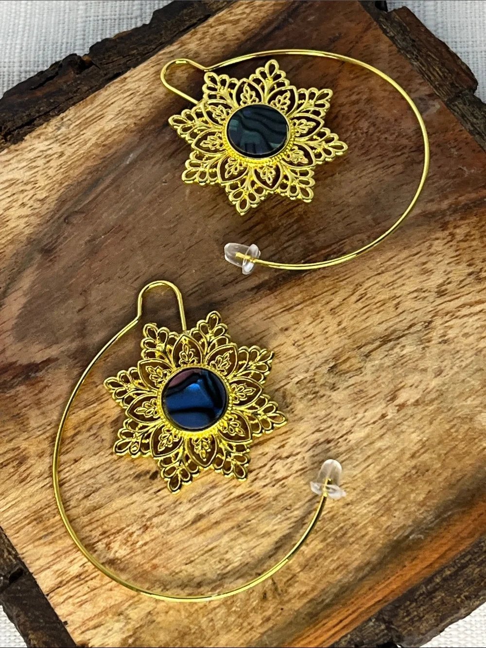 Gold Filigree Sunburst Hoop Earrings Abalone Shell Boho 2” New